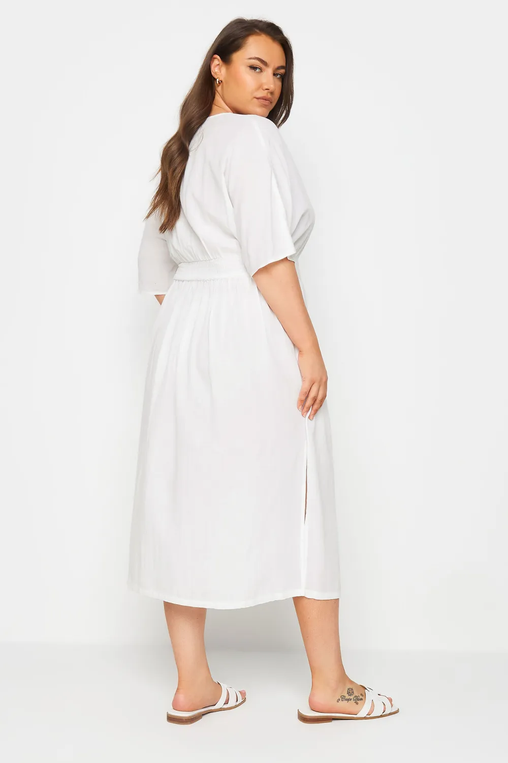 YOURS Curve White Linen Shirred Midaxi Dress