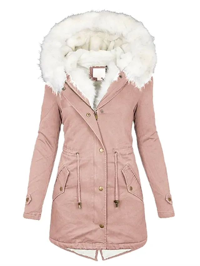 Women's Winter Coat Fleece Lined Parka Hoodie Jacket Windproof Warm Puffer Jacket Streetwear Casual Heated Coat with Fur Collar Jacket Long Sleeve Color Block Pocket Pink Army Green Khaki