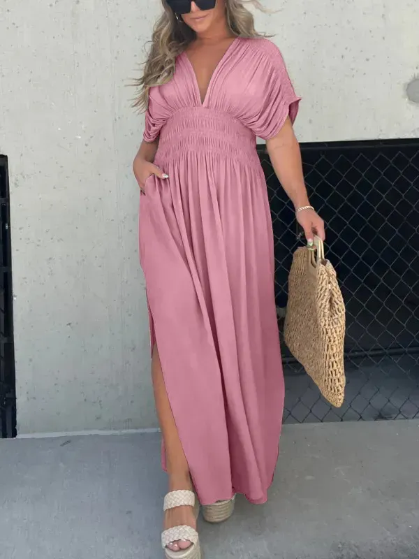 Slit V-Neck Effortless Maxi Long Dress