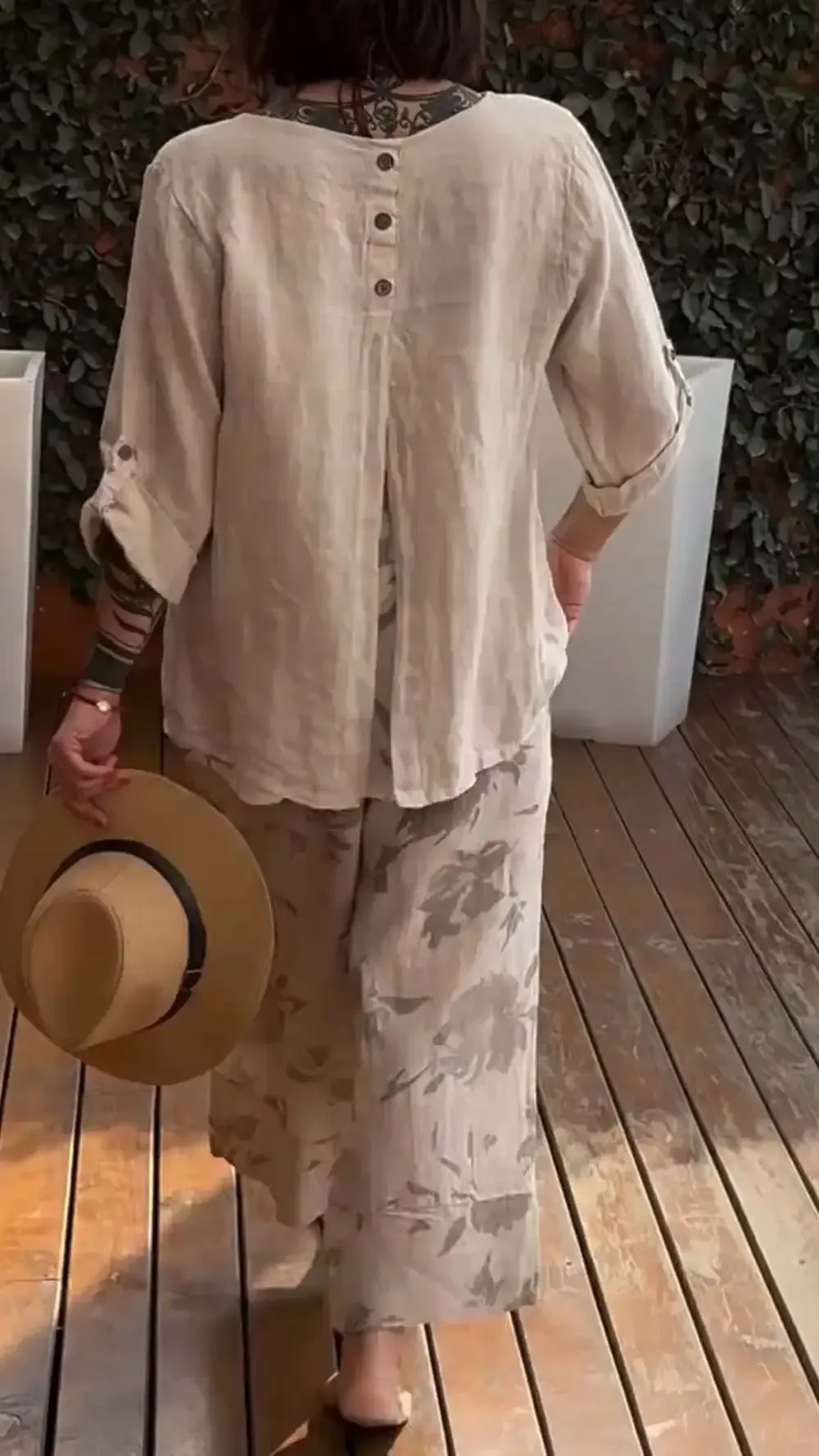 Women's Casual Cotton and Linen Printed Long Sleeve Suit