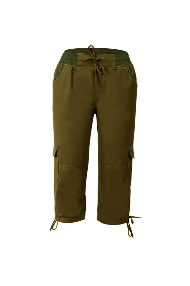 Drawstring Waist Flap Pocket Design Capris Pants