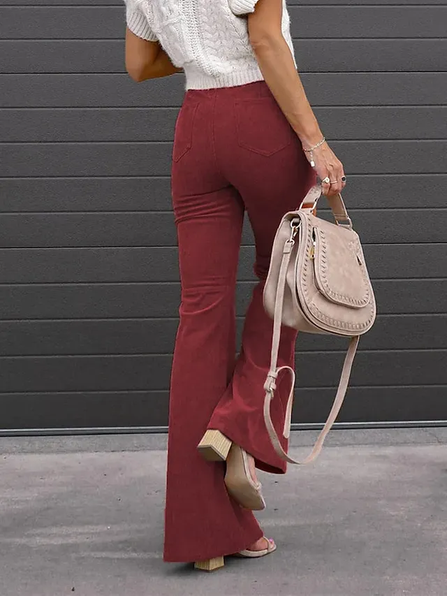 Women‘s Bell Corduroy Flare Pants Bottom Trousers Full Length Pocket High Waist Fashion Streetwear Xmas Wine Black S M Winter Autumn Fall