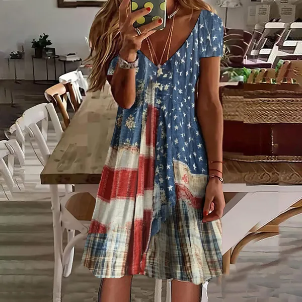 Women's Vintage Independence Day Flag Check Short Sleeve Dress