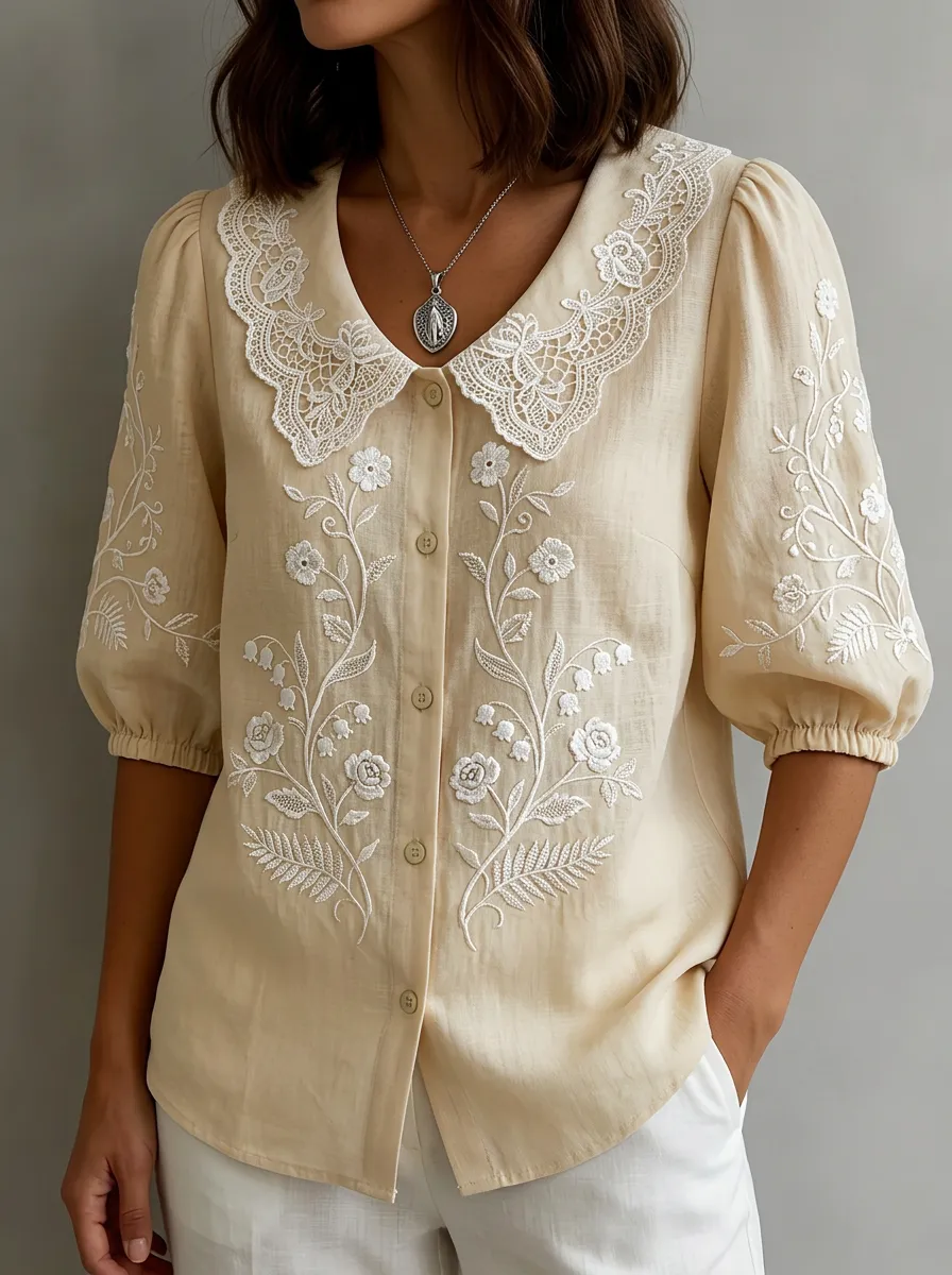 Women's Nashville Floral Lace Collar Embroidered Button-up Shirt