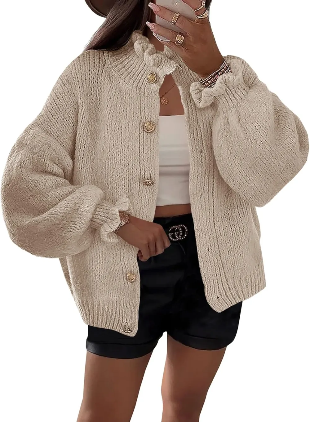 🎄Hot Sale Ruffle Cardigan Oversized Button Up Ribbed Knit Open Front Long Sleeve Loose Sweater