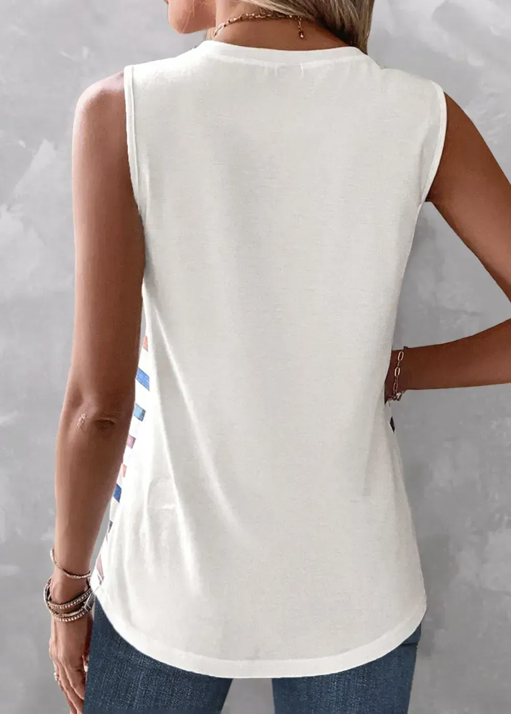 White Button Striped Round Neck Tank Top