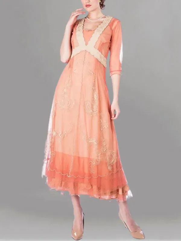 Embroidery vintage court style simple tulle ladies dress