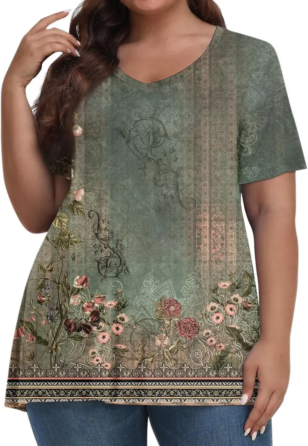 Plus Size Tops for Women Dressy Short Sleeve V Neck Shirts for Women Summer Tops for Women 2024 Floral Print Top