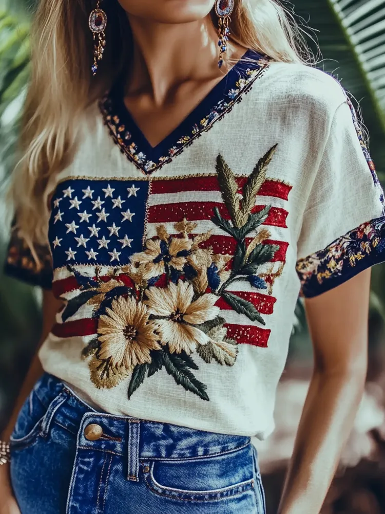 Women's Independence Day Flag Floral Embroidered V-neck T-shirt