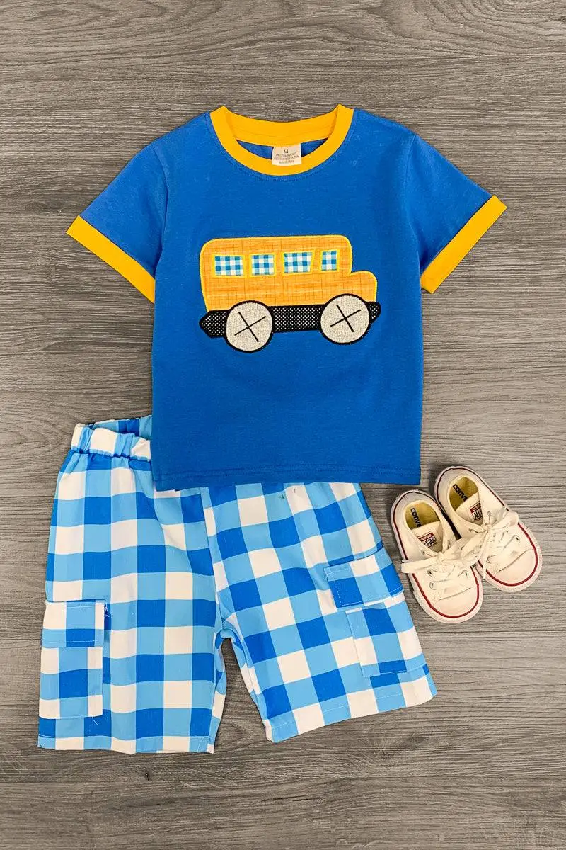 Blue & Yellow Gingham Bus Short Set