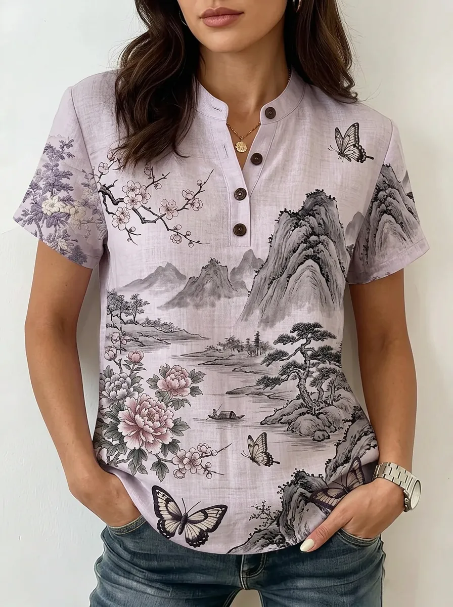 Women's Nashville Landscape Butterfly Floral Printed Henley Shirt