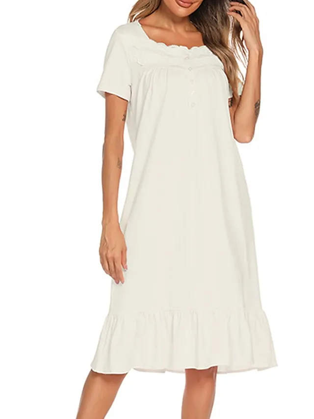 Women's Pajamas Nightgown Dress Pure Color Basic Simple Casual Home Daily Bed Cotton Breathable Square Neck Short Sleeve Dress Button Spring Summer White Pink