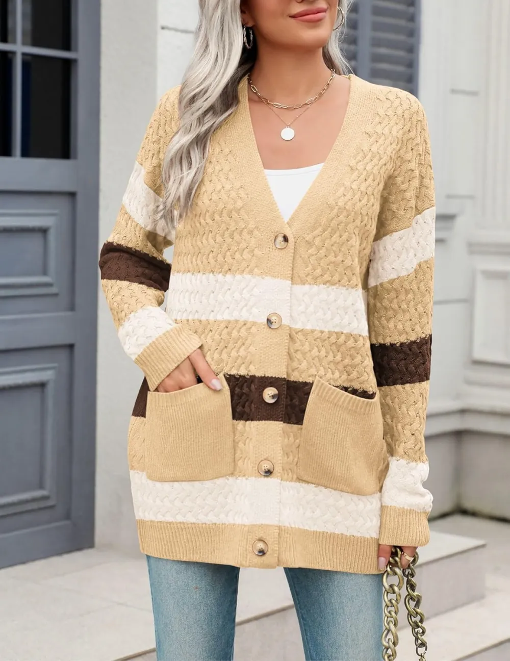 Womens 2024 Long Sleeve Chunky Cable Knit Fall Cardigans Sweaters Button Down Open Front Outerwear with Pockets