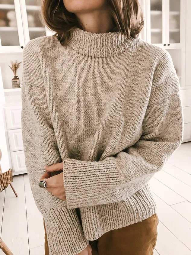 High Neck Long Sleeve Solid Classic Knitting Pattern Sweater