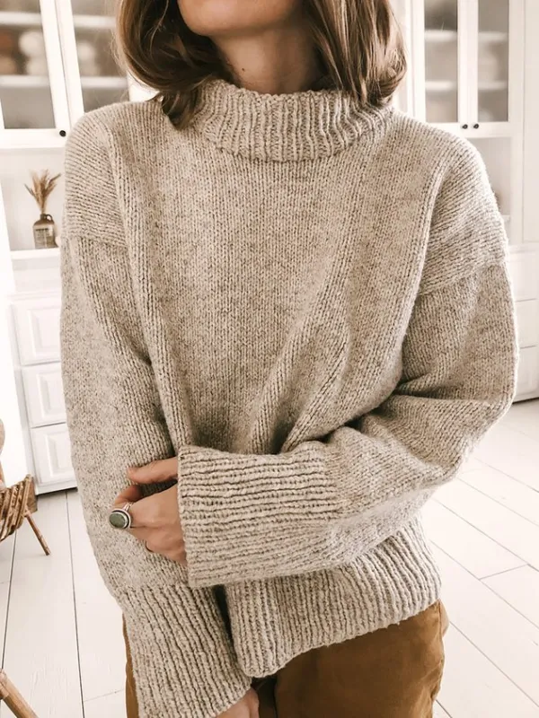 High Neck Long Sleeve Solid Classic Knitting Pattern Sweater