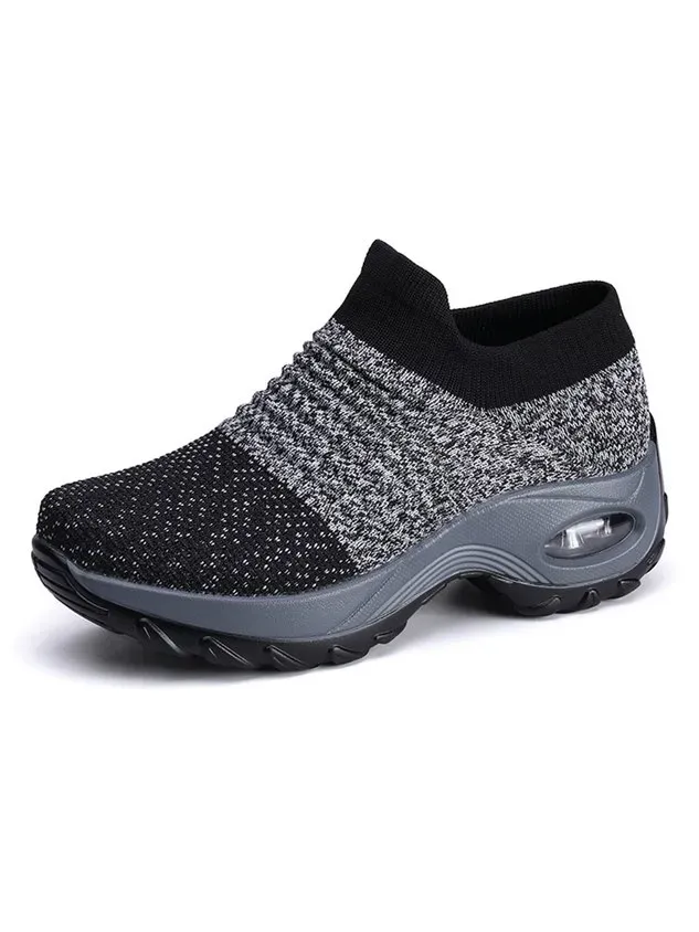 Sports Color Block Breathable Slip On Block Heel Fly Woven Shoes