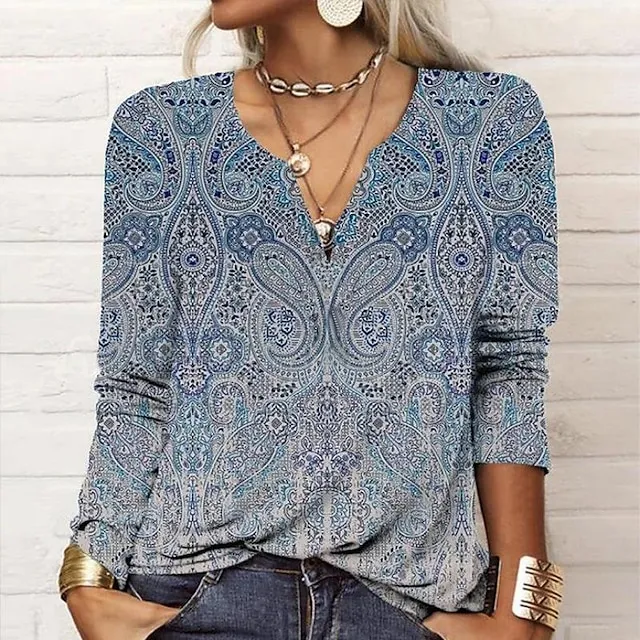 Women's Plus Size Shirt Blouse Black Pink Wine Paisley Color Gradient Vintage Button Print Long Sleeve Daily Casual V Neck Regular Fit Fall & Winter