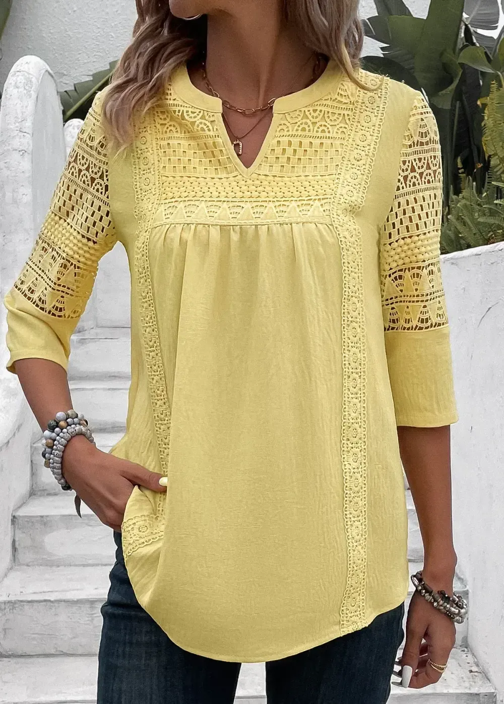 Light Yellow Patchwork 3/4 Sleeve Split Neck Blouse