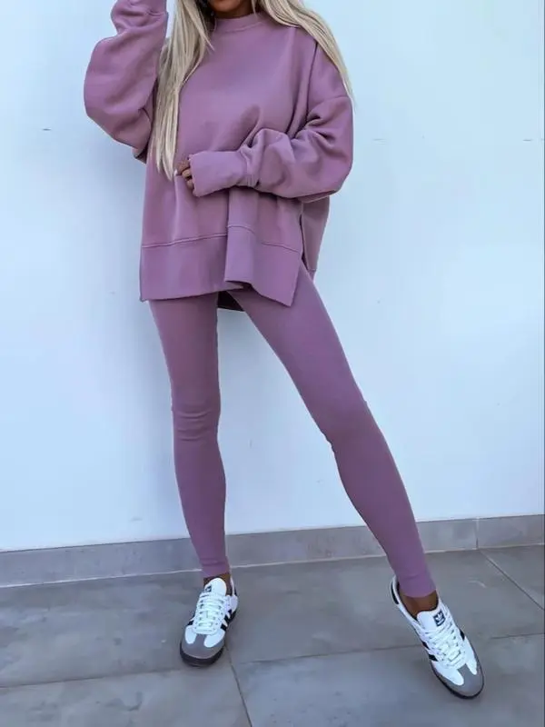 Women's Solid Drop Shoulder Split Hem Sweatshirt & Pants Two-piece Set, Casual Fashion Cozy Breathable Outfits for Daily Outdoor Wear, Ladies Sportswear for All Seasons