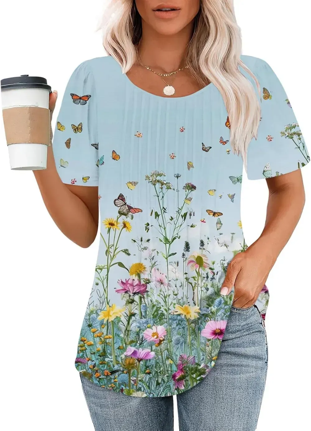 Womens Summer Pleated Front Shirts Tunics Casual Short Sleeved Loose Round Neck Boho Printed Tops Vacation Blouse