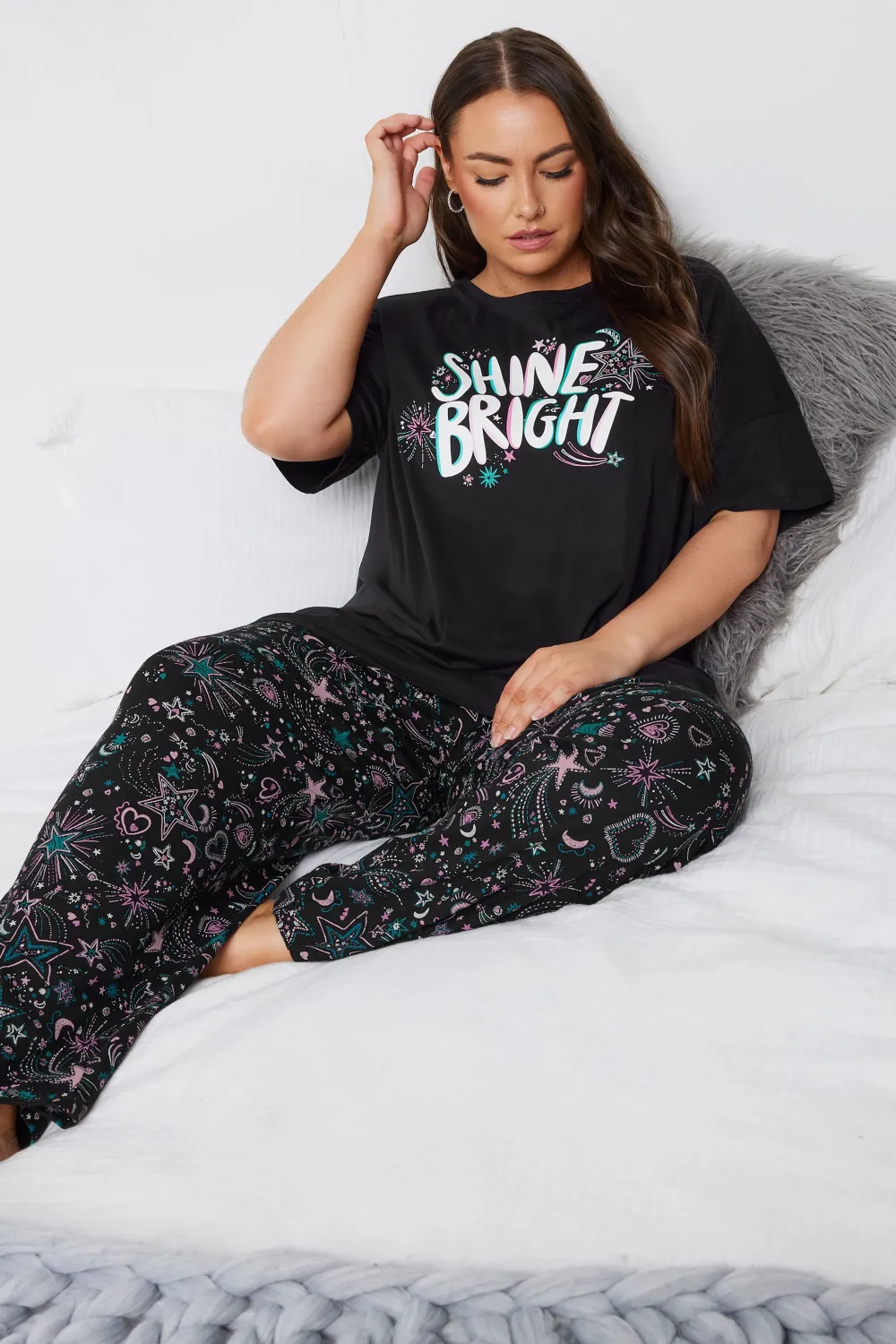 YOURS Curve Black 'Shine Bright' Wide Leg Pyjama Set