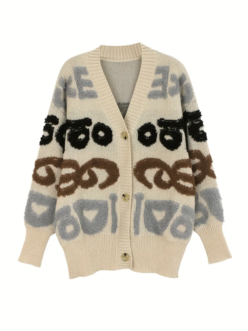 Letter Pattern Button Down Knit Cardigan Casual
