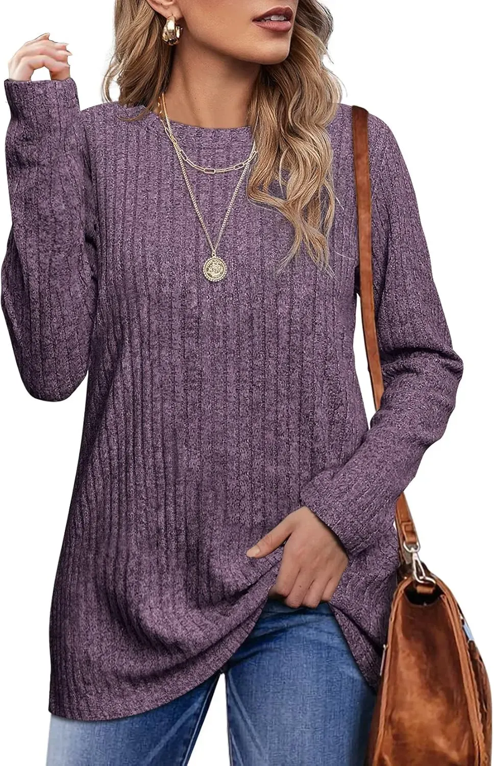 OFEEFAN Long Sleeve Shirts for Women Lightweight Crew Neck Casual Tunic Tops