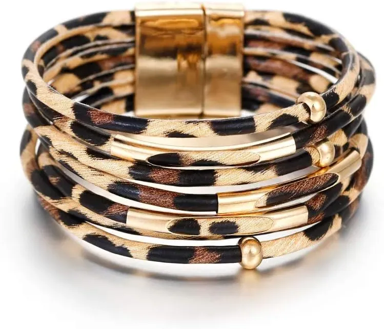 Fesciory Leather Wrap Bracelets for Women, Boho Leopard Multi-Layer Crystal Beads Cuff Bracelet Jewelry