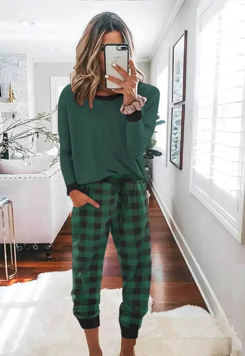 Women's Pajamas Sets Long Sleeve with Plaid Pants Soft Sleepwear O Neck 2 Piece Pjs Joggers Loung Set with Pockets