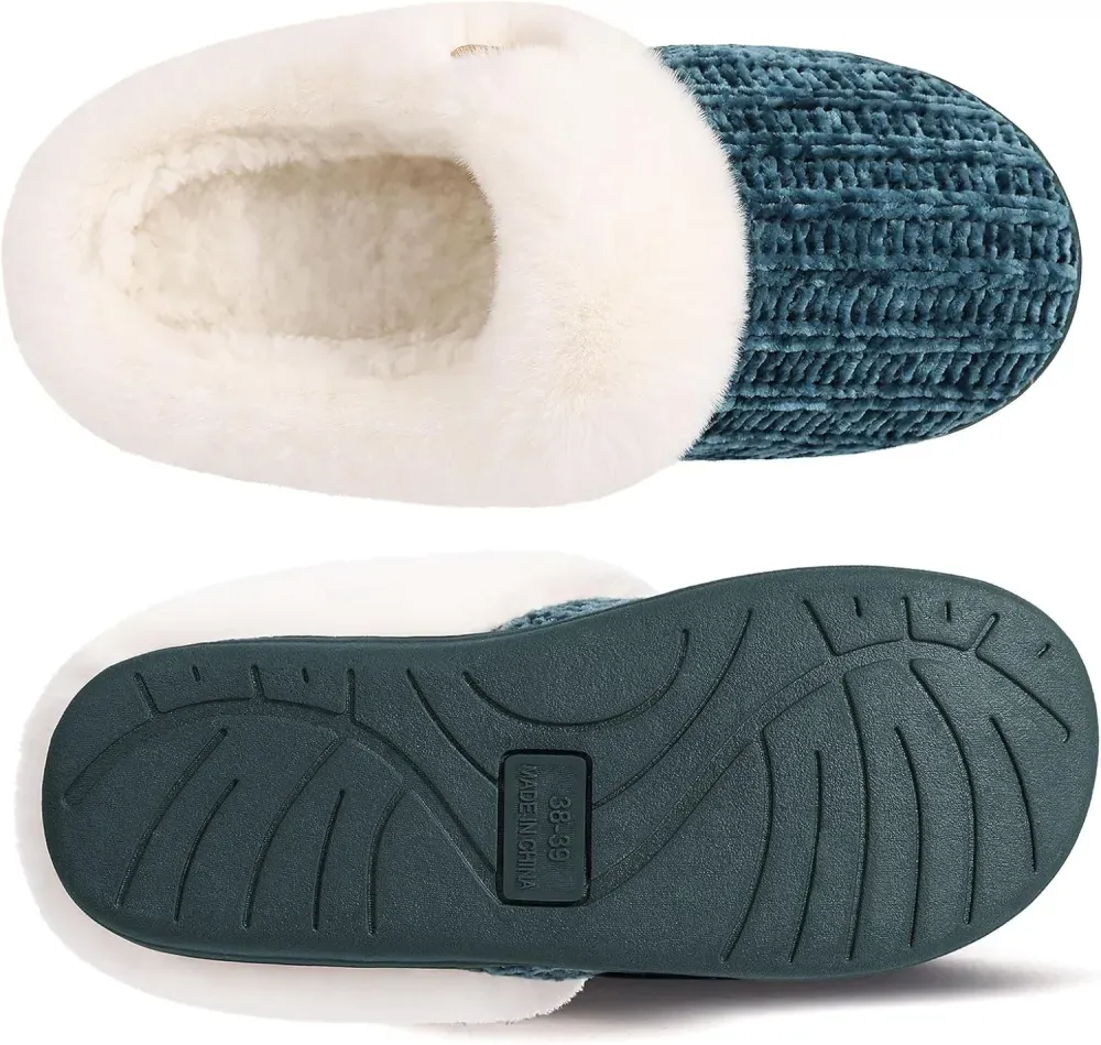 Warm Knit House Slippers for Women Comfy Wool-Like Lined Chenille Slippers with Memory Foam and Indoor Outdoor Soles