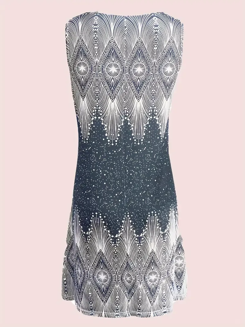 Elegant V-Neck Sleeveless Dress, Women'S Vintage Printed Knit Polyester Sundress, Full Print A-Line Dress for Spring/Summer/Autumn