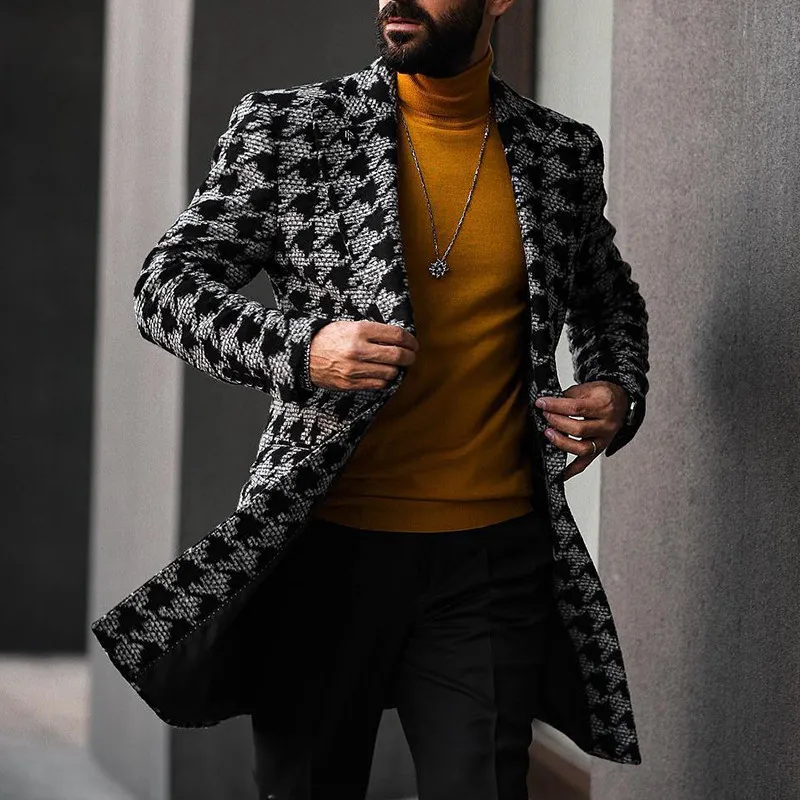 Men's Mid-Length Suit Collar Fashion Print Coat