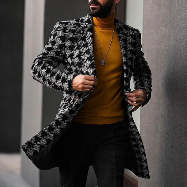 Men's Mid-Length Suit Collar Fashion Print Coat