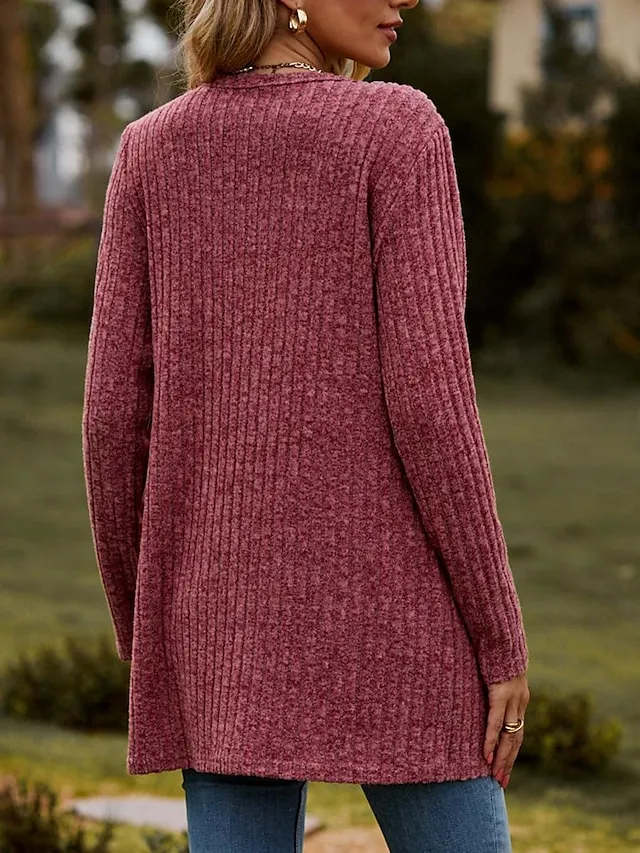 Women's Cardigan Asymmetrical V Neck Ribbed Knit Button Pocket Twisted Spring Fall Daily Casual Long Sleeve Solid Color Plain Wine Army Green