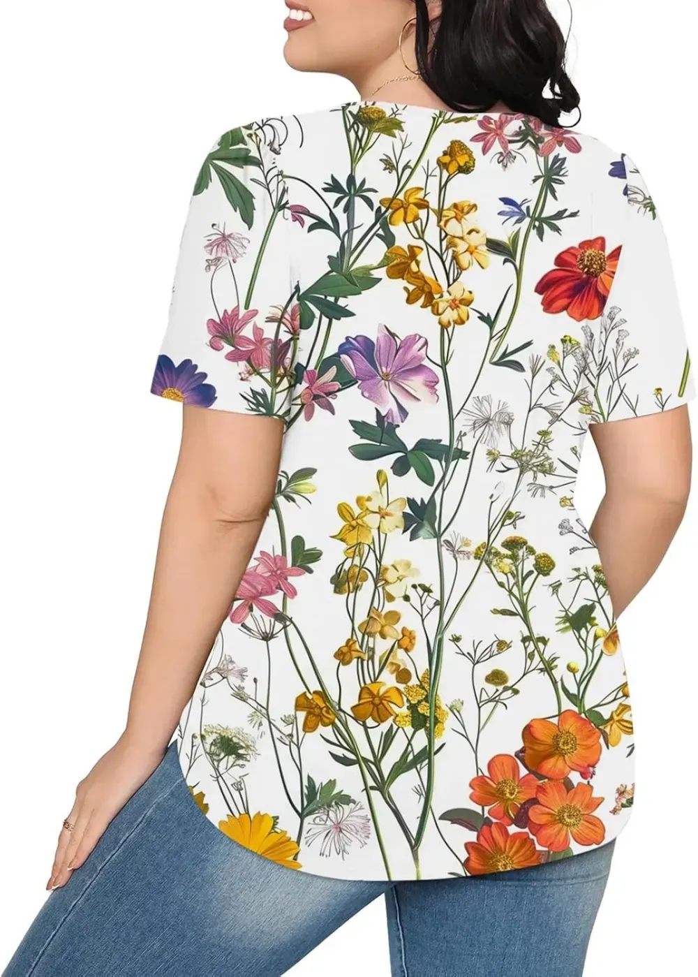 Womens Summer Pleated Front Shirts Tunics Casual Short Sleeved Loose Round Neck Boho Printed Tops Vacation Blouse