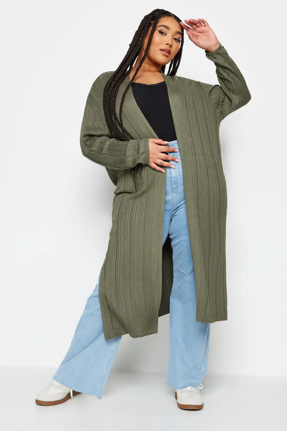 YOURS Curve Khaki Green Longline Ribbed Cardigan