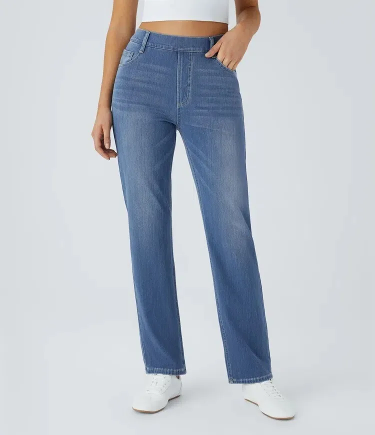 High Waisted Multiple Pockets Straight Leg Washed Stretchy Knit Casual Jeans