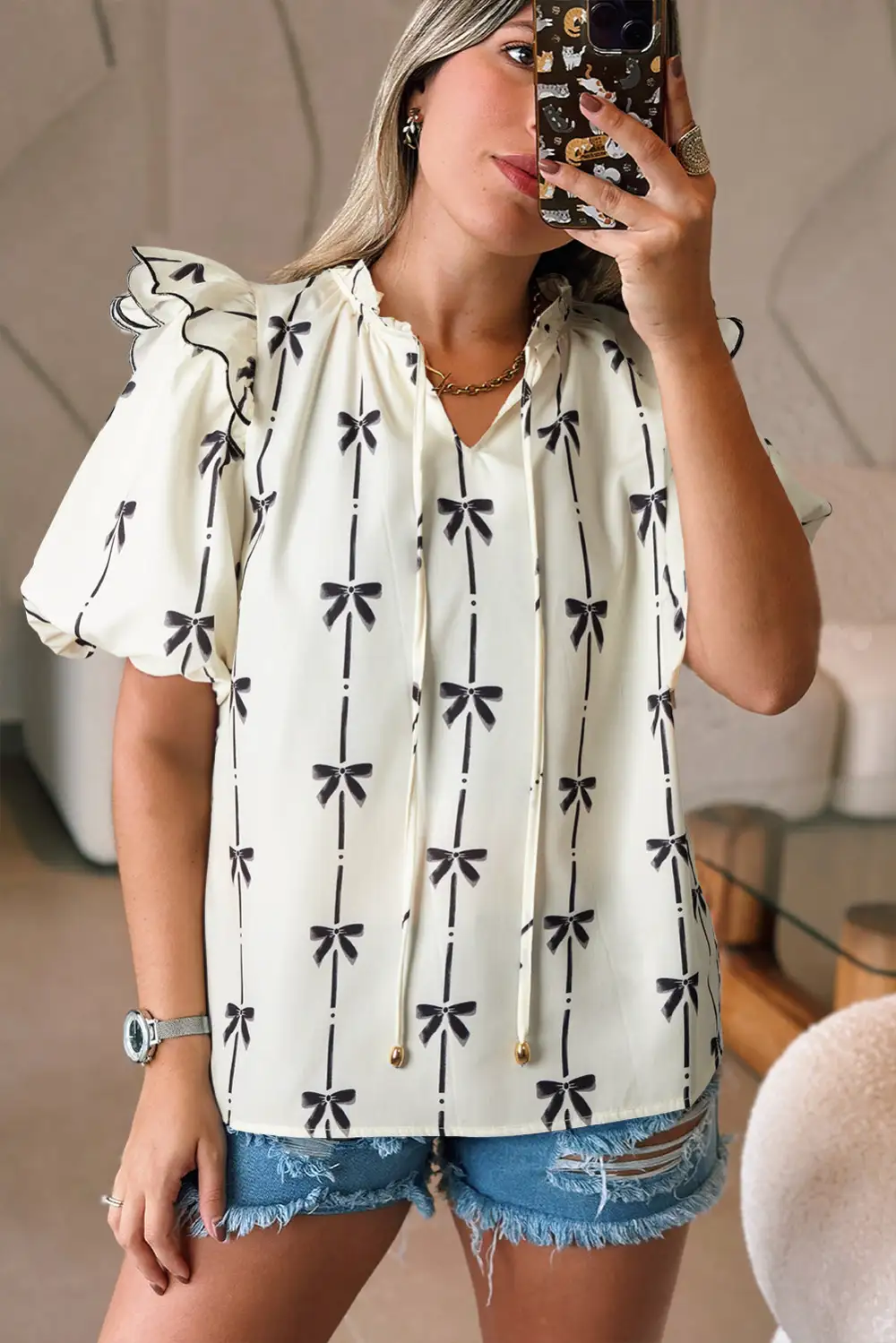 Everyday Striped Ruffled Bow Detail Blouse