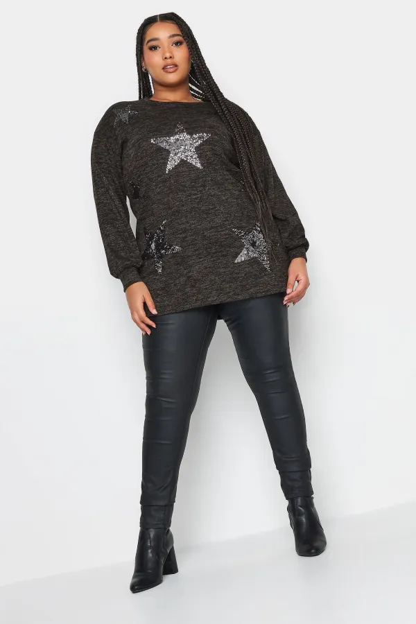 YOURS LUXURY Curve Black Sequin Star Print Jumper