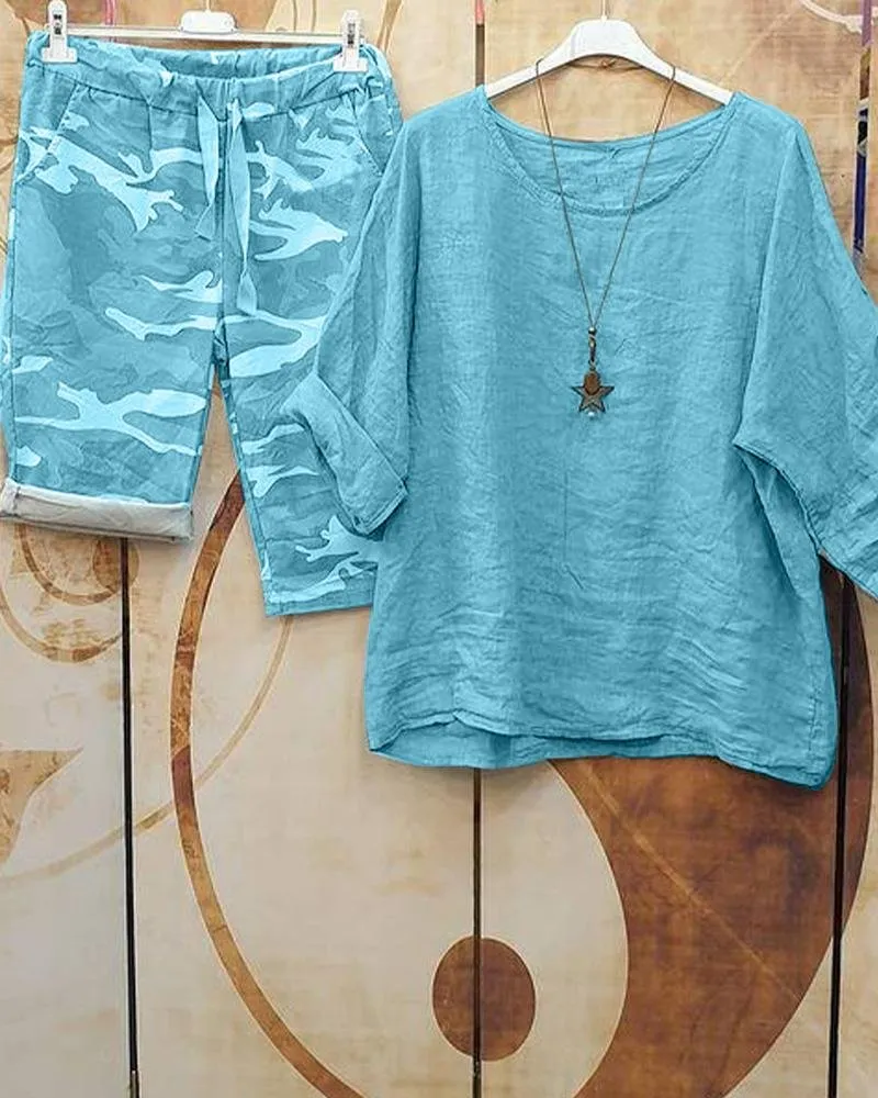 Cotton Linen Shirt & Pants Relaxed Fit S-5XL Relax Fit Pants & Short Solid Sleeve Shirt Suit Cotton Linen Two-piece Matching Set