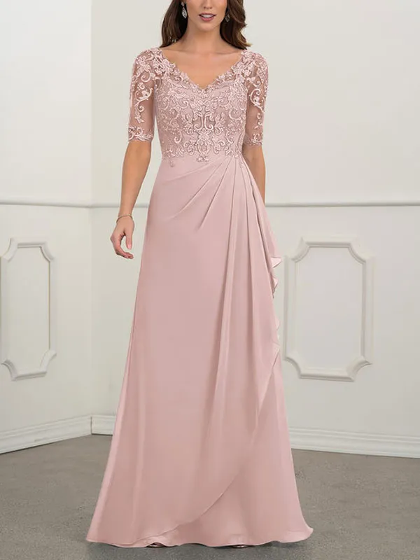 Floor-to-ceiling chiffon lace back zip bridal mom dress