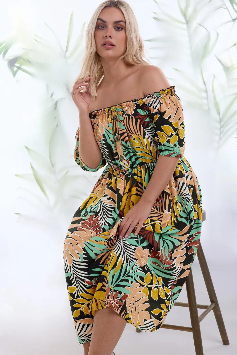 YOURS Curve Black Tropical Print Bardot Midaxi Dress