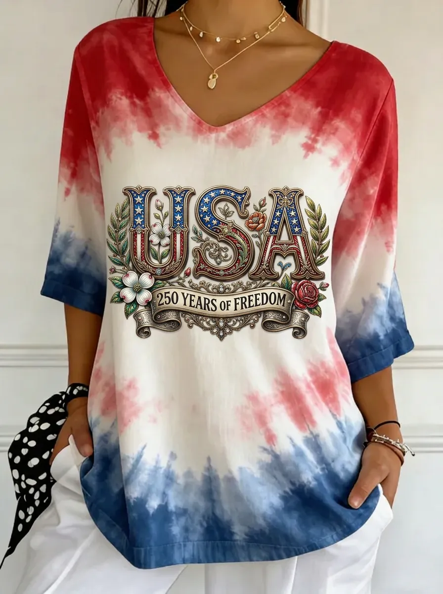 Women's USA 250 Years Freedom Floral Tie-Dye Printed T-shirt
