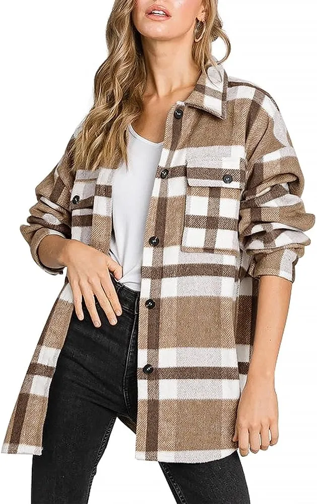 Women's Flannel Plaid Shacket Long Sleeve Button Down Chest Pocketed Shirts Jacket Coats