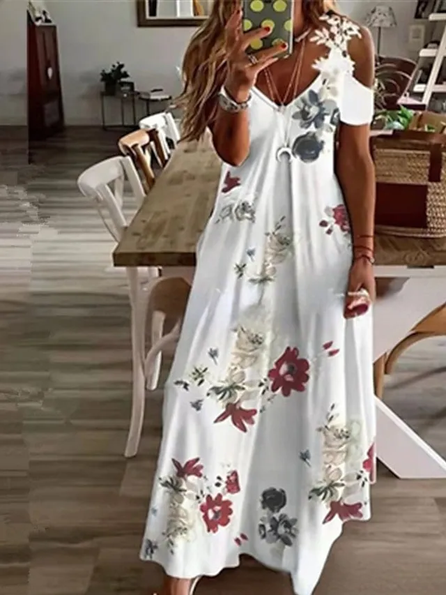 Women's Casual Dress Floral Dress Long Dress Maxi Dress Black White Blue Short Sleeve Floral Cold Shoulder Spring Summer V Neck Fashion Daily Vacation Weekend 2023 S M L XL XXL 3XL