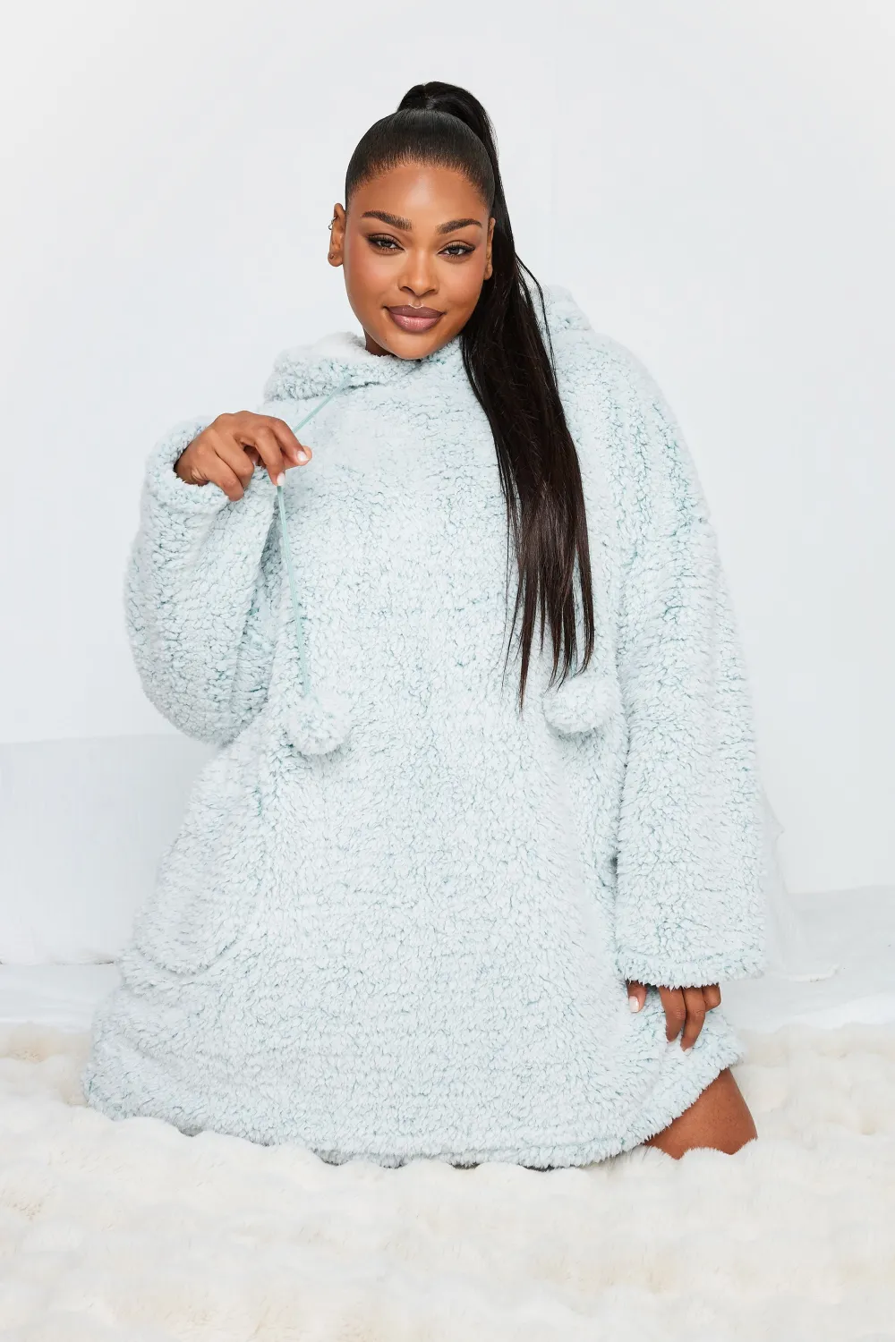 YOURS Curve Light Blue Teddy Drawstring Snuggle Hoodie