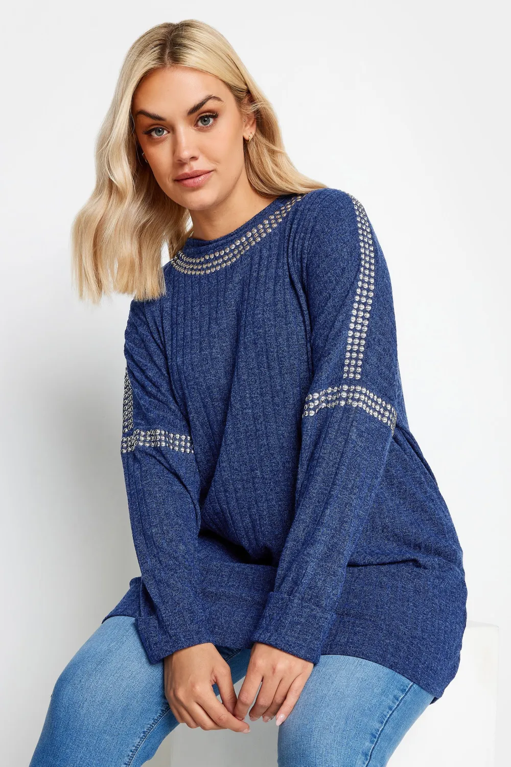 YOURS Curve Blue Stud Neckline Embellished Jumper