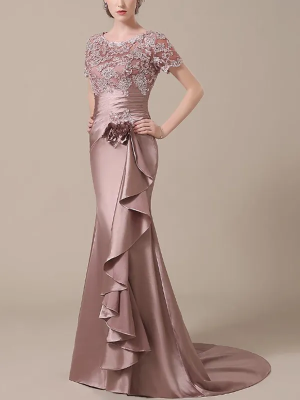 Round neck lace solid color short sleeve dress