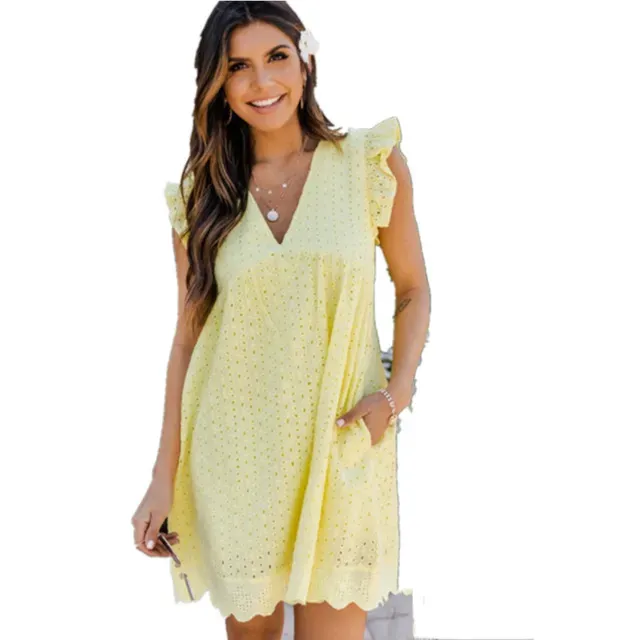 European and American women's new lace jacquard hollow V-neck dress women have pocket cloth shorts.