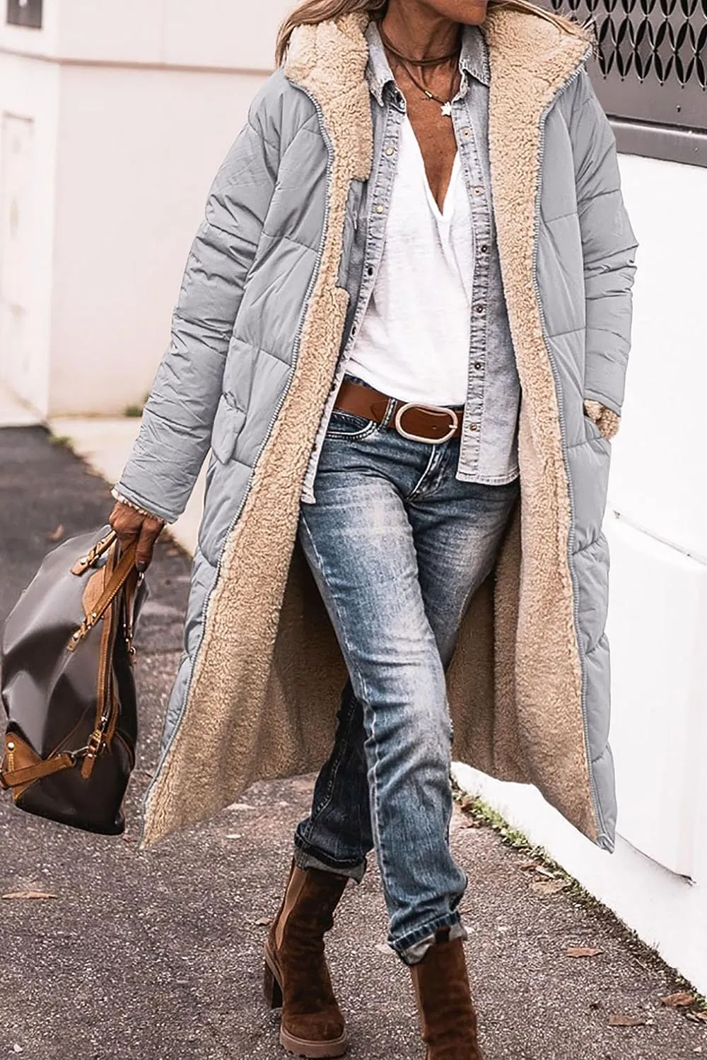 Women's 2023 Warm Winter Coats Reversible Sherpa Fleece Long Hooded Puffer Jackets Outerwear